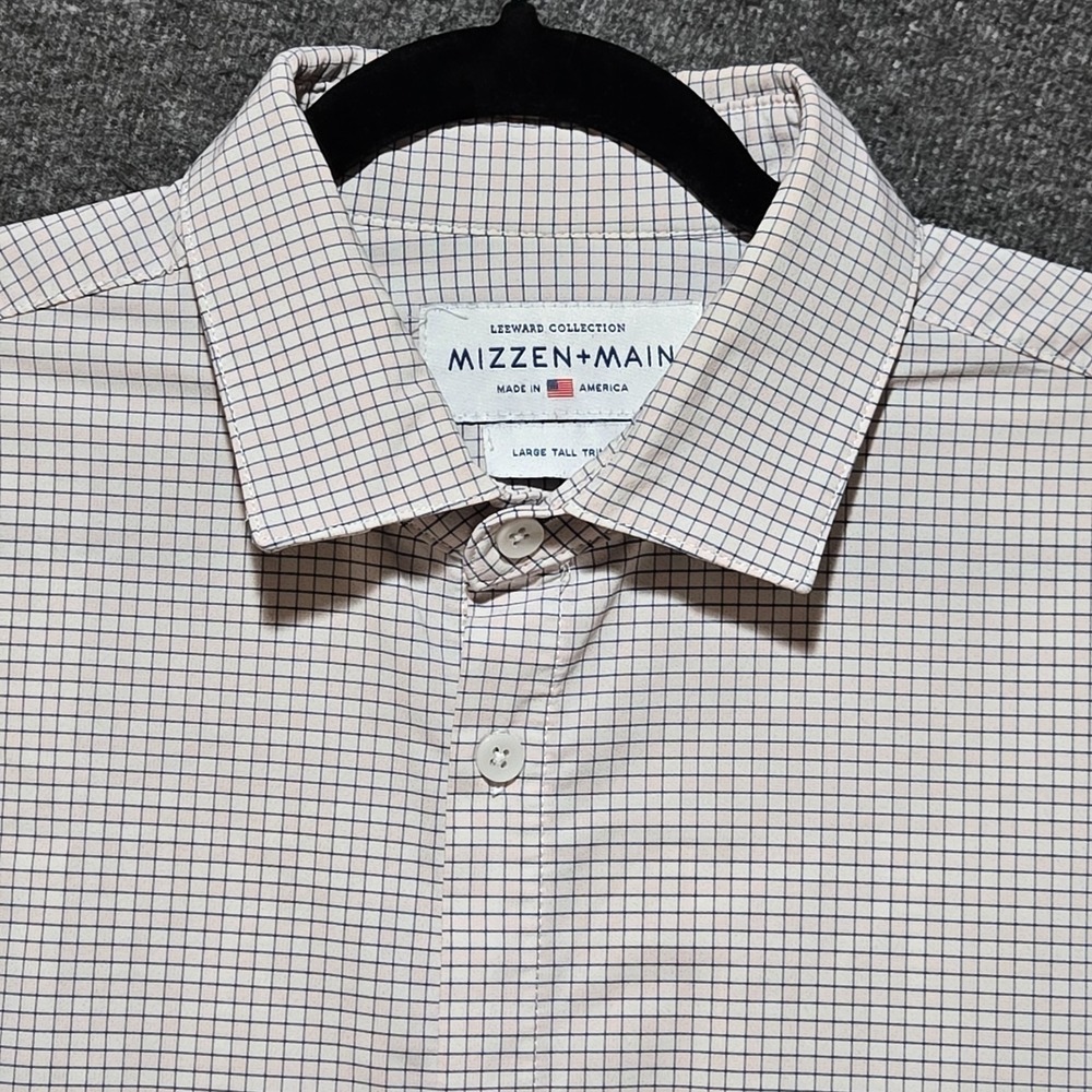 Mizzen Main Shirt Men Large Tall LT Trim Fit Button Long Sleeve White Pink Check